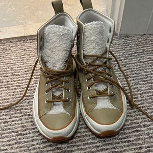 Converse High-Top Sneakers in Tan and White with Sherpa Lining